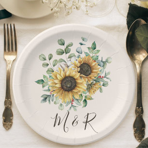 Assiettes En Carton Tournesol rustique vintage aquarelle monogrammé