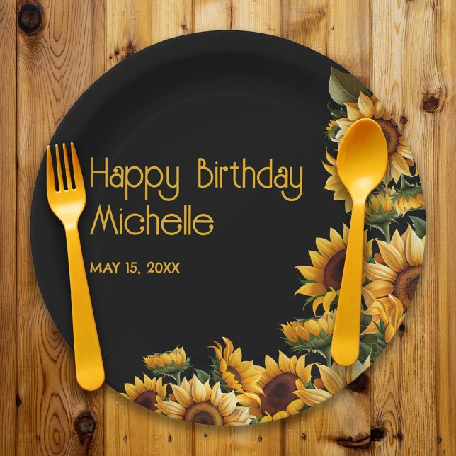 Assiettes En Carton Tournesols Rustique Élégant Joyeux Anniversaire (Rustic sunflowers on black birthday party paper plate)