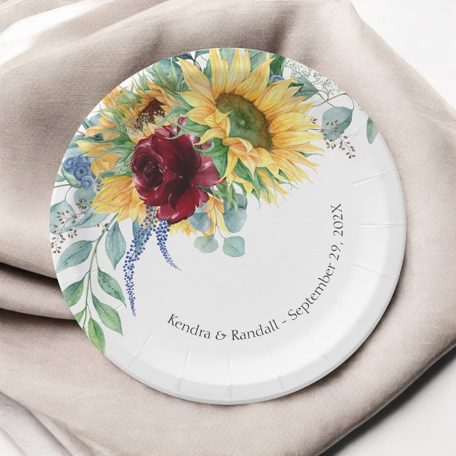 Assiettes En Carton Tournesols rustiques et Mariage Floral Rose (Créateur téléchargé)
