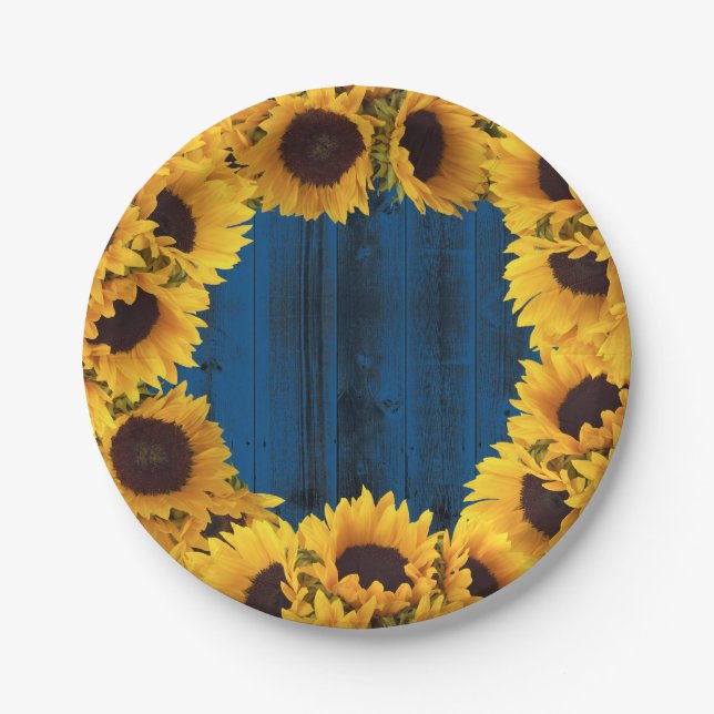 Assiettes En Carton Tournesols rustiques Marine Bleu Grange Bois (Devant)