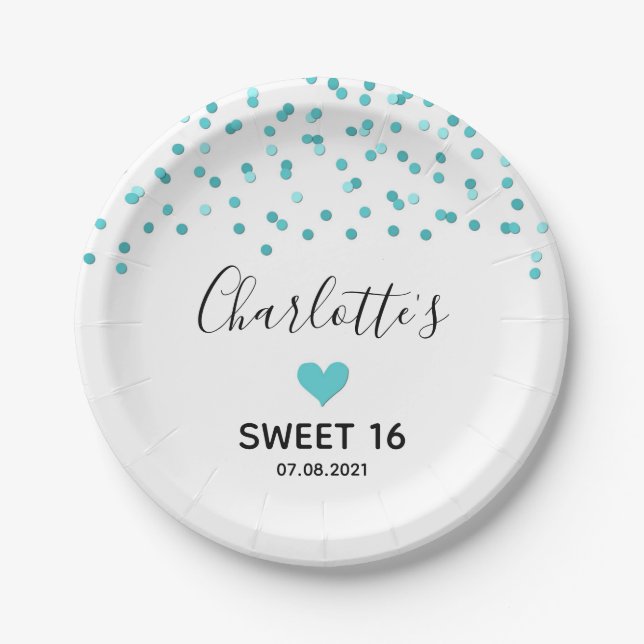 Assiettes En Carton Tourquoise Confetti Sweet 16 Anniversaire (Devant)