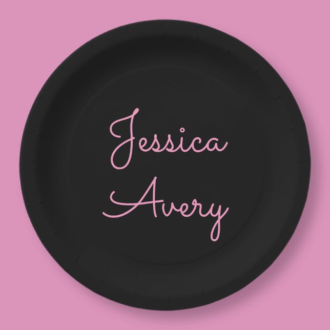Assiettes En Carton Tout nom | Script rose modifiable Cool sur noir (Créateur téléchargé)