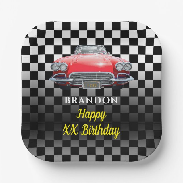 Assiettes En Carton Toute année Anniversaire, Red Sport's Car, Nom & A (Recto)