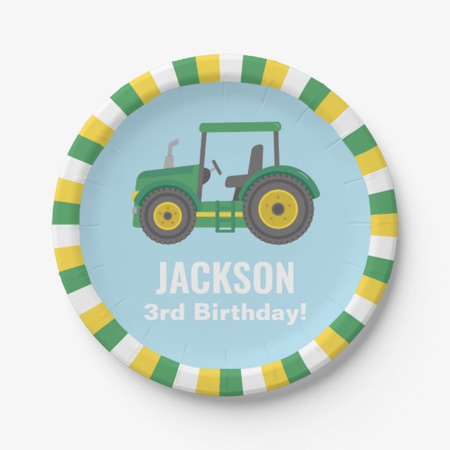 Assiettes En Carton Tracteur Garçons-frontières jaunes verts Anniversa (Devant)