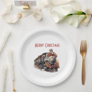 Assiettes En Carton Train à vapeur à l'ancienne Noël rétro