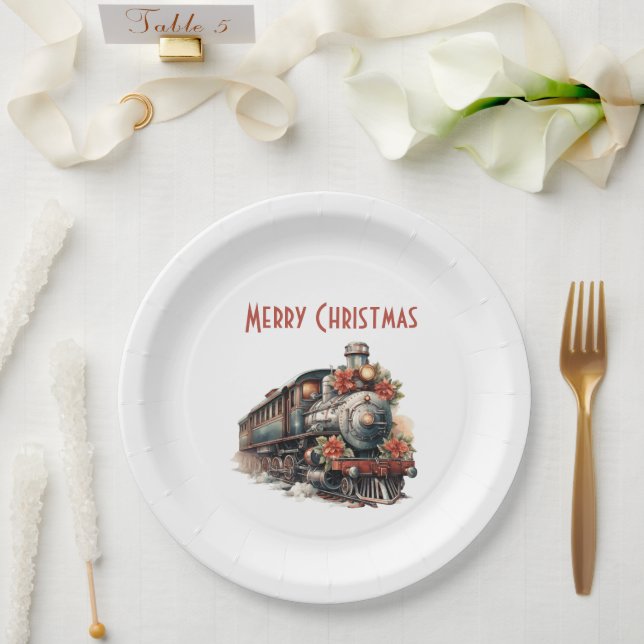 Assiettes En Carton Train à vapeur à l'ancienne Noël rétro (Mariage)