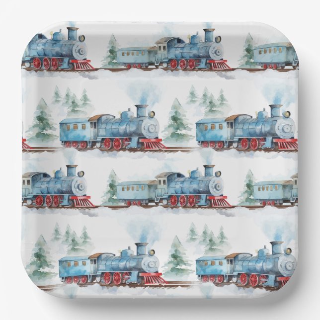 Assiettes En Carton Trains Anniversaire de fête Bleu (Recto)