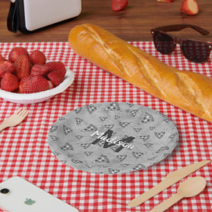 Assiettes En Carton Tranche de pizza cool vintage noir blanc gris Mono