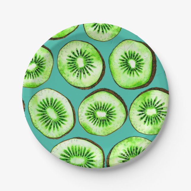 Assiettes En Carton Tranches Kiwi sur turquoise (Devant)