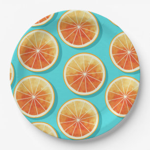 Assiettes En Carton Tranches orange sur bleu