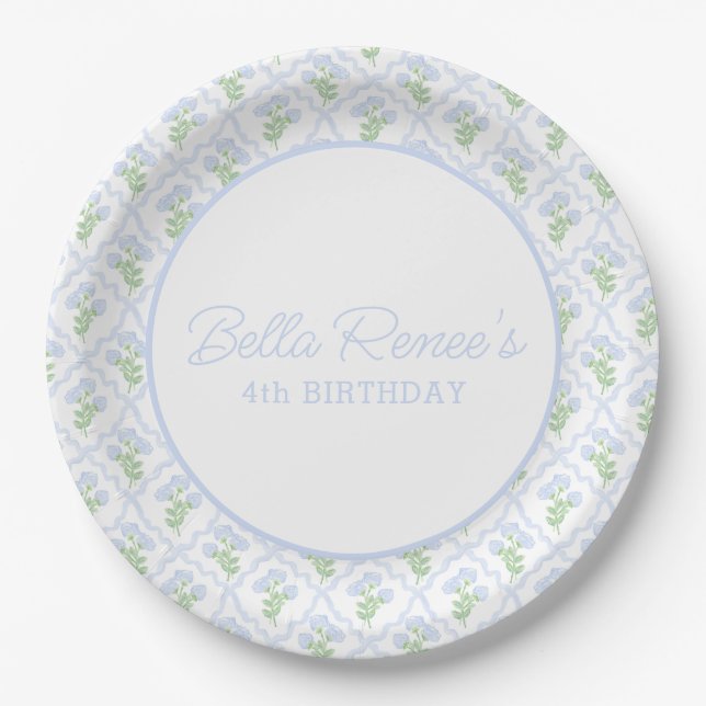 Assiettes En Carton Trellis d'aquarelle de Preppy Hydrangea modifiable (Devant)
