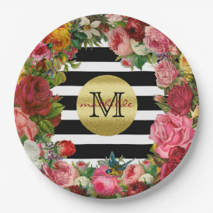 Assiettes En Carton Trendy Monogram Stripes Rose Fleurs Parties scinti