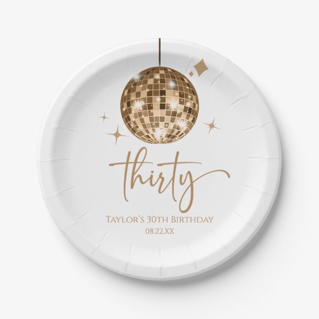 Assiettes En Carton Trente Gold Disco Ball 30e fête d'anniversaire (Devant)
