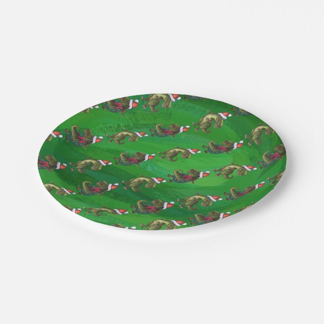Assiettes En Carton TRex à Santa Hat sur Green (Angle)