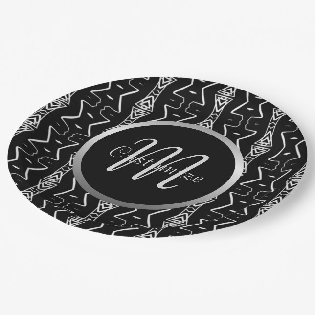 Assiettes En Carton Triangles géométriques monogrammes noirs et blancs (Angle)