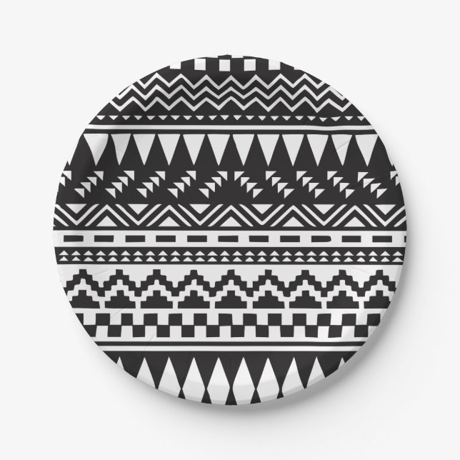 Assiettes En Carton Tribal aztèque noir et blanc (Devant)