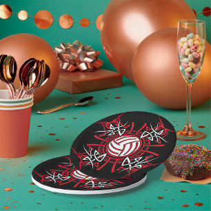 Assiettes En Carton Tribal de volleyball Mandala Sports rouges et noir