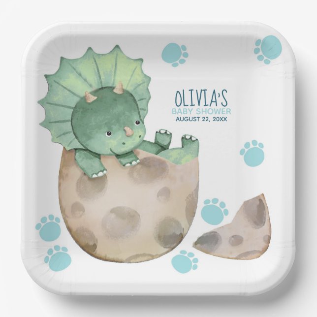 Assiettes En Carton Tricératops Baby shower de garçon Dinosaur (Recto)