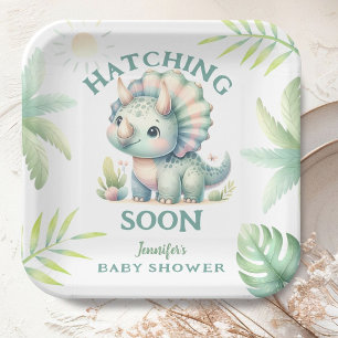 Assiettes En Carton Tricératops de Dinosaur Baby shower vert Cute Dino