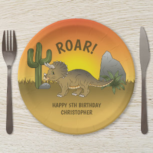 Assiettes En Carton Tricératops Dinosaur coucher de soleil Désert Anni