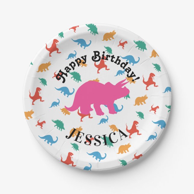 Assiettes En Carton Tricératops Joyeux anniversaire Dinosaurus Ajouter (Devant)