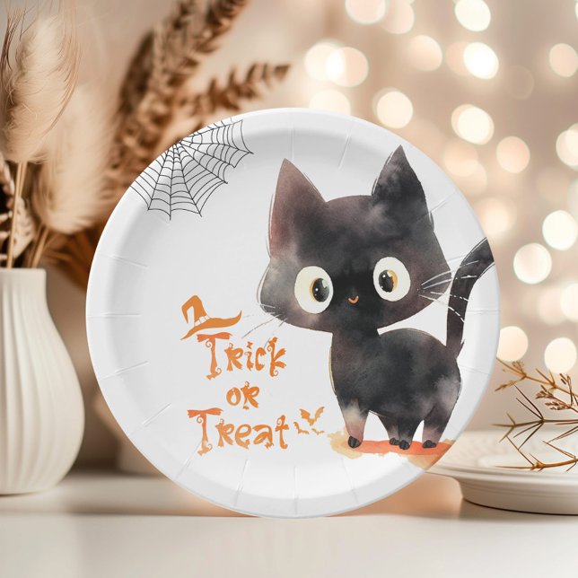 Assiettes En Carton Tricoter ou traiter Chat noir mignon Fête d'Hallow (Créateur téléchargé)