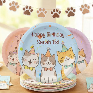 Assiettes En Carton Trio Adorable de Chats d'Anniversaire | Nom et Âge