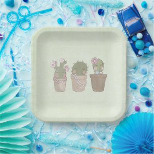 Assiettes En Carton Trio de cactus mignons portant des bijoux