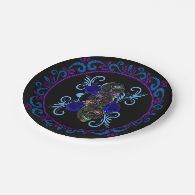 Assiettes En Carton Triple Jour Noir Des Crânes Morts Roses Bleus (Angle)