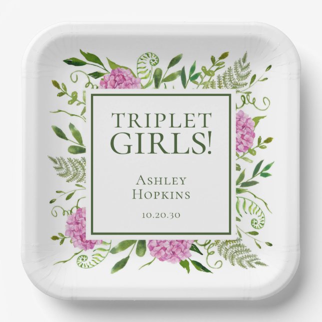 Assiettes En Carton Triplet Girls Pink Hydrangeas Baby shower fille (Recto)