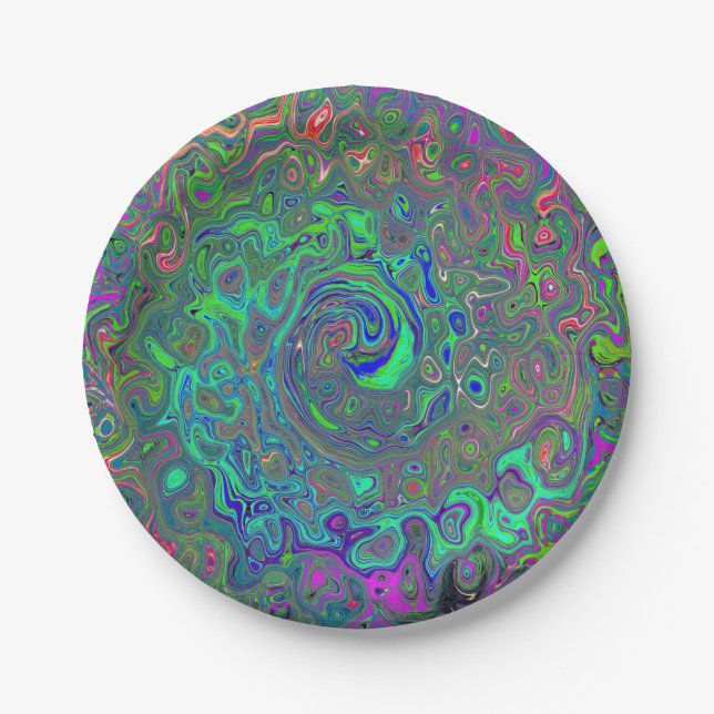 Assiettes En Carton Trippy Chartreuse et Blue Retro Liquid Swirl (Devant)