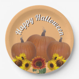 Assiettes En Carton Trois Citrouilles oranges avec Halloween tournesol