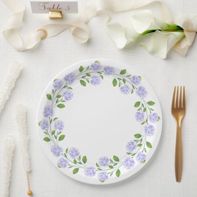 Assiettes En Carton Trois Hydrangées d'aquarelle à couronne de fleurs (Mariage)