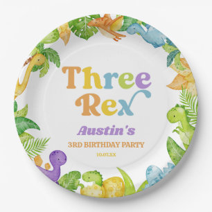 Assiettes En Carton Trois Rex Dinosaur 3ème fête d'anniversaire