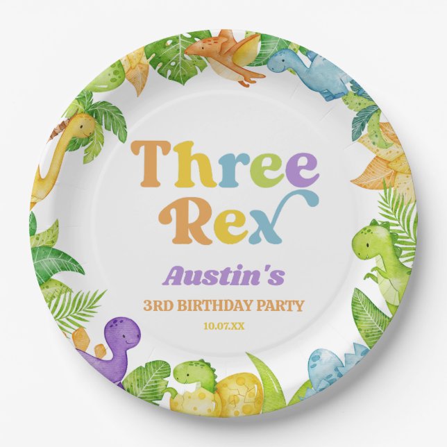 Assiettes En Carton Trois Rex Dinosaur 3ème fête d'anniversaire (Devant)