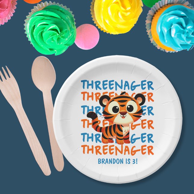 Assiettes En Carton Trois Tiger Boy 3e fête d'anniversaire (Threenager Tiger Boy 3rd Birthday Party Paper Plates
)