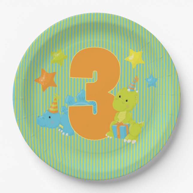 Assiettes En Carton Troisième anniversaire - partie de dinosaure de (Devant)