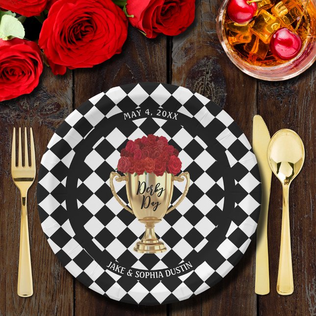 Assiettes En Carton Trophée Derby Day et Roses (Derby Day Trophy and Red Roses Party Paper Plates)