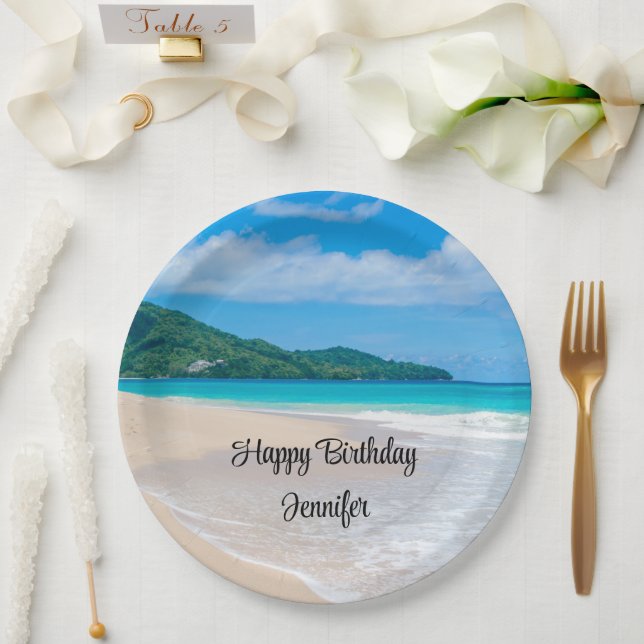 Assiettes En Carton Tropical Beach Pittoresque Photo Anniversaire (Mariage)
