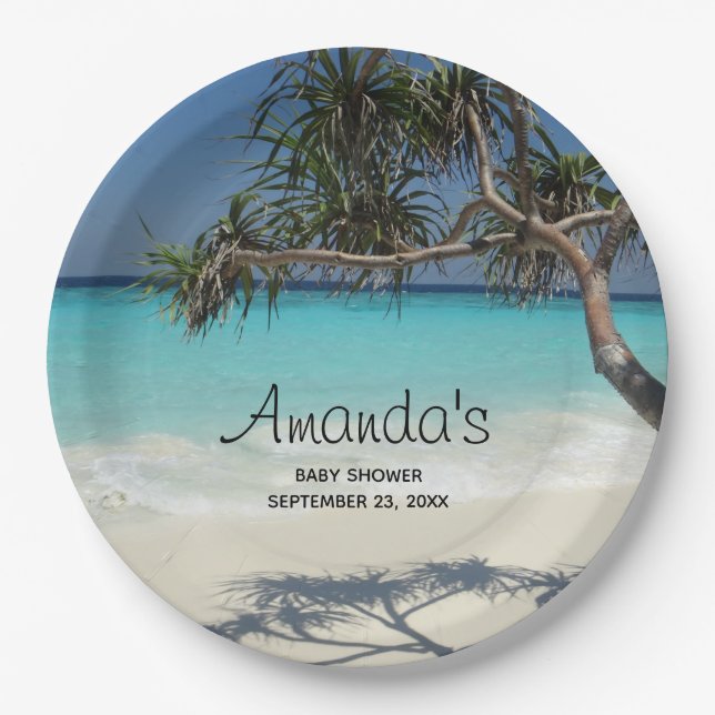 Assiettes En Carton Tropical Blue Ocean Beach Scene Photo Party (Devant)