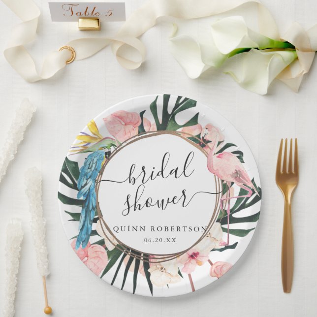 Assiettes En Carton Tropical Chic Flamant Fleurs Fête de Mariage (Mariage)