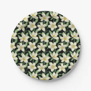 Assiettes En Carton Tropical continu motif fleurs blanches feuille ver