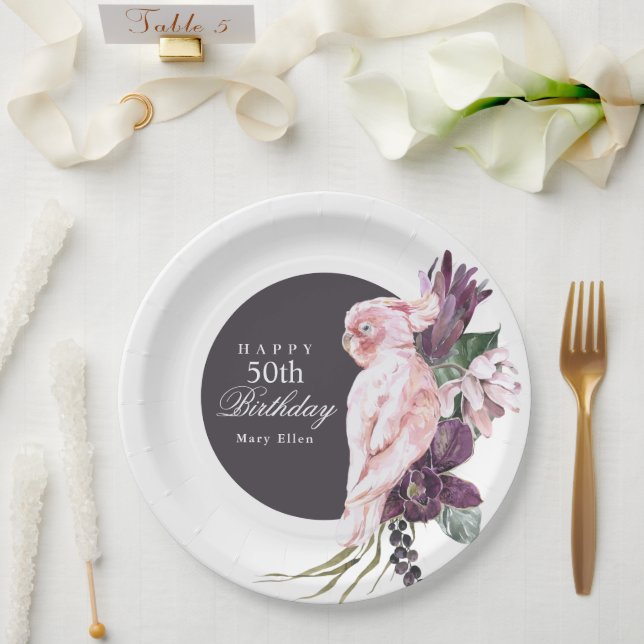 Assiettes En Carton Tropical Pink Parrot Boho élégant 50e anniversaire (Mariage)
