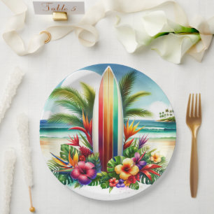 Assiettes En Carton Tropical Surfboard The Big ONE 1er anniversaire