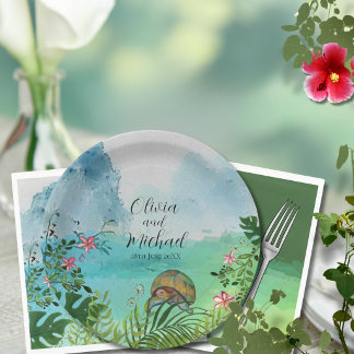 Assiettes En Carton Tropical Wedding  Sea Turtle Pink Frangipani