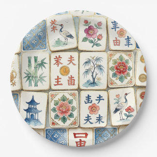 Assiettes En Carton Tuiles de Mahjong Chinoiserie Fleurs Aquarelles Oi