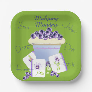Assiettes En Carton Tuiles Mahjong Violettes et Gâteau au Bleuet