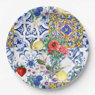 Assiettes En Carton tuiles méditerranéennes, citron, fleurs, majolica,
