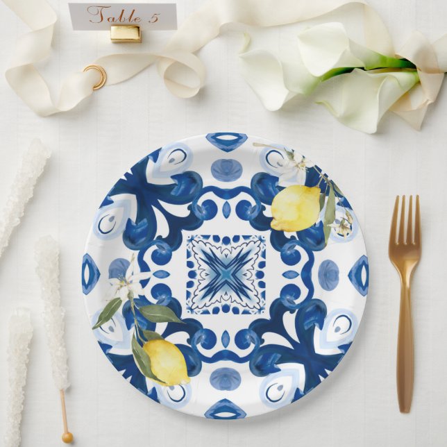 Assiettes En Carton tuiles siciliennes, majolica, citron, (Mariage)