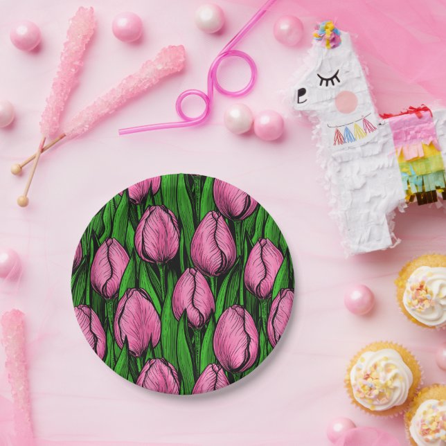 Assiettes En Carton Tulières roses avec feuilles verts (Fête)